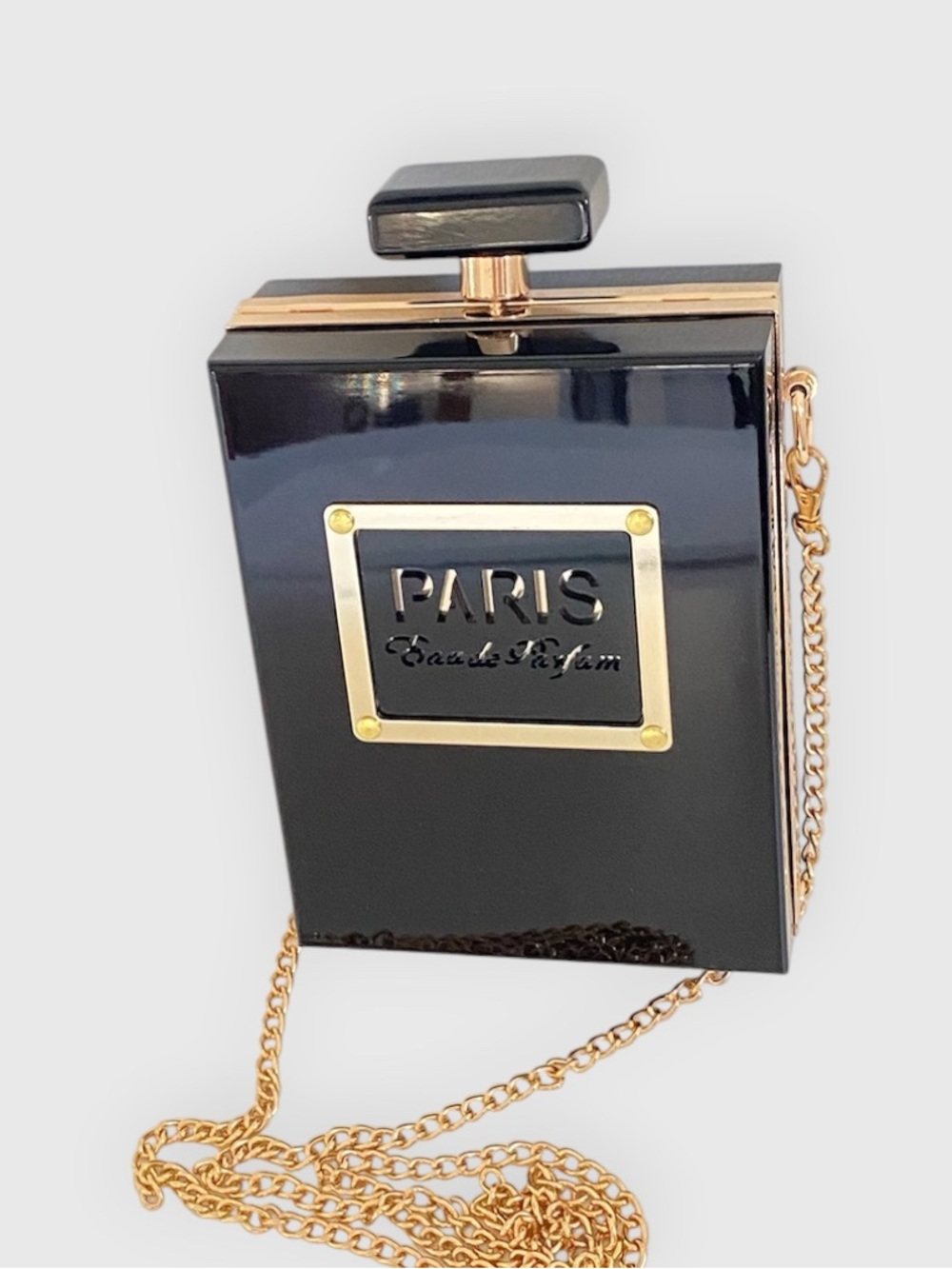 Paris Perfume Bottle Acrylic Crossbody Gold Chain Bag Y2K Purse Black & Gold